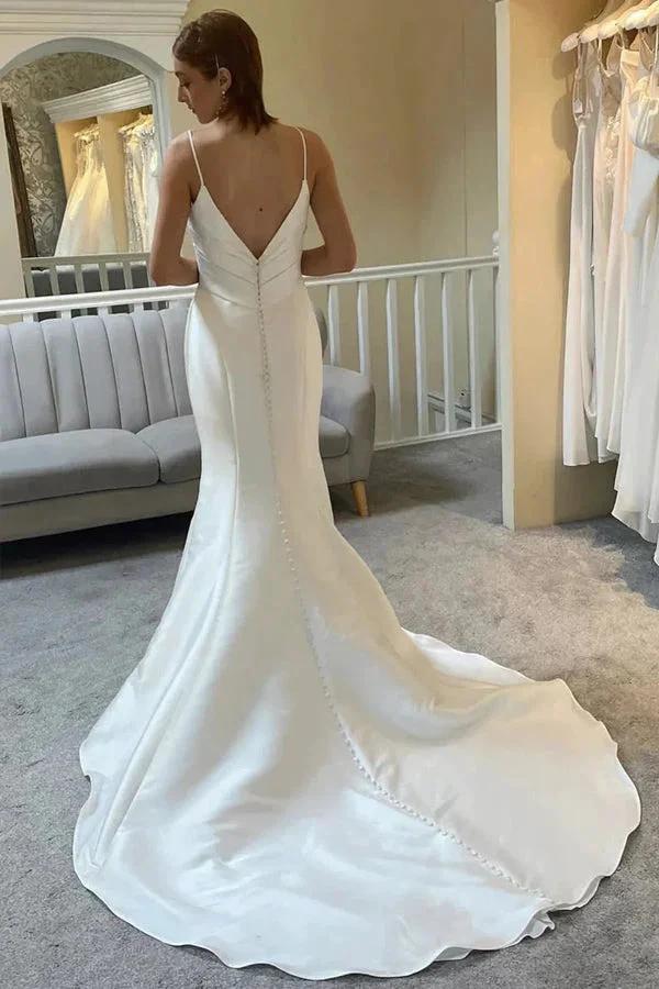 Ivory Spaghetti Strap Backless Trumpet Wedding Dress WD722 by pgmdress