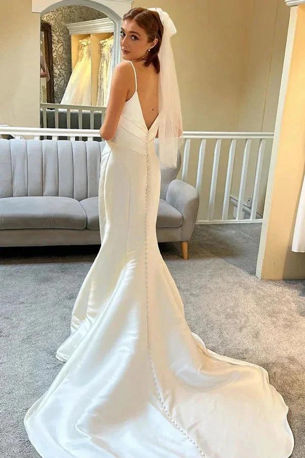Ivory Spaghetti Strap Backless Trumpet Wedding Dress WD722 by pgmdress