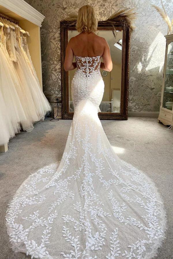 Ivory Lace Strapless Mermaid Wedding Dress Lace Bridal Gown WD707 by pgmdress