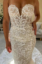 Ivory Lace Strapless Mermaid Wedding Dress Lace Bridal Gown WD707 by pgmdress