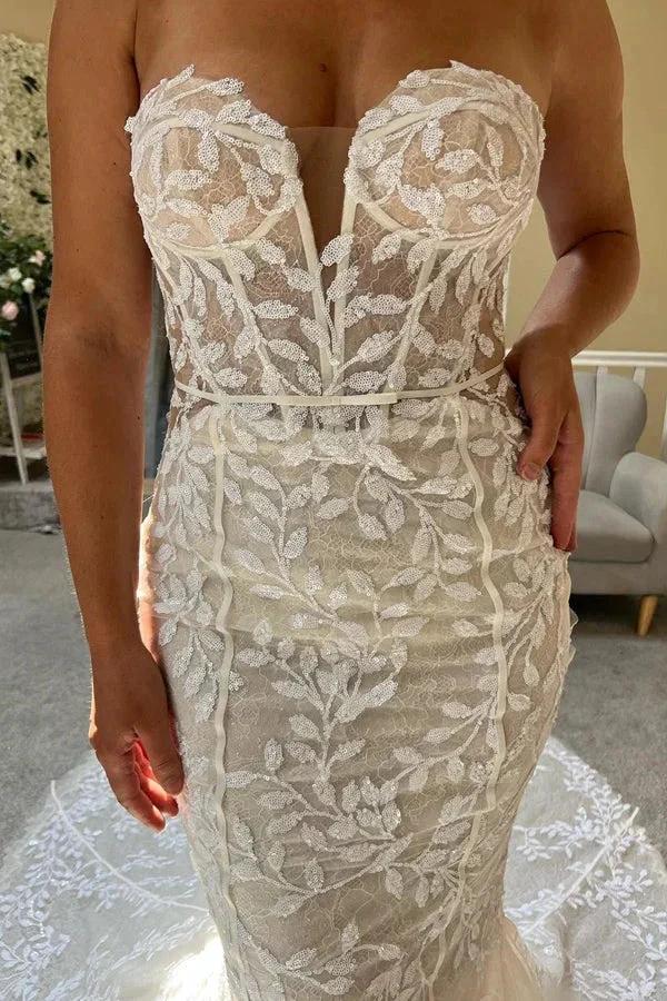 Ivory Lace Strapless Mermaid Wedding Dress Lace Bridal Gown WD707 by pgmdress