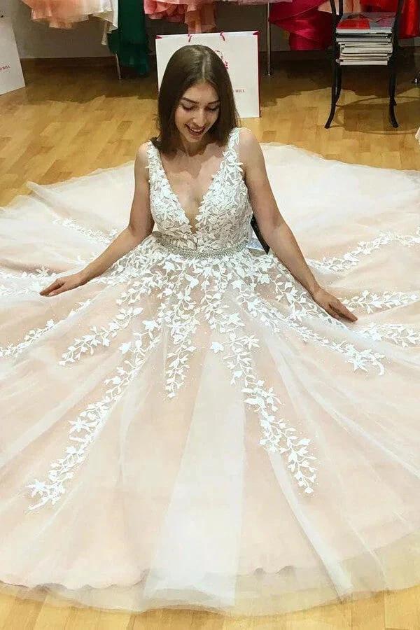Ivory Tulle Lace A-line V-neck Beaded Wedding Dresses Prom Dresses MP640 by Musebridals