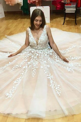 Ivory Tulle Lace A-line V-neck Beaded Wedding Dresses Prom Dresses MP640