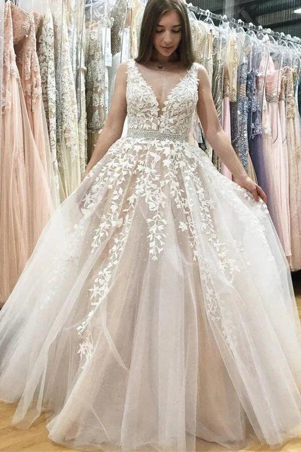Ivory Tulle Lace A-line V-neck Beaded Wedding Dresses Prom Dresses MP640 by Musebridals