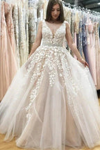 Ivory Tulle Lace A-line V-neck Beaded Wedding Dresses Prom Dresses MP640 by Musebridals