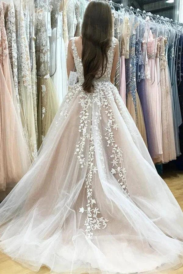 Ivory Tulle Lace A-line V-neck Beaded Wedding Dresses Prom Dresses MP640 by Musebridals