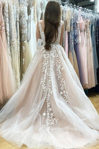 Ivory Tulle Lace A-line V-neck Beaded Wedding Dresses Prom Dresses MP640