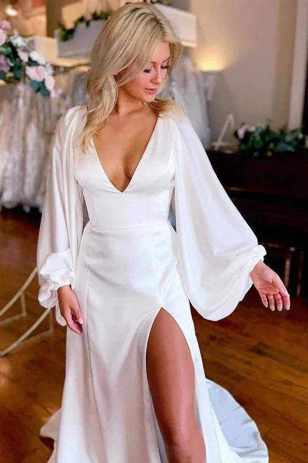 Ivory V-Neck Long Sleeve Wedding Dresses Simple Wedding Dresses WD721 by pgmdress