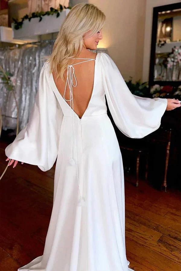 Ivory V-Neck Long Sleeve Wedding Dresses Simple Wedding Dresses WD721 by pgmdress