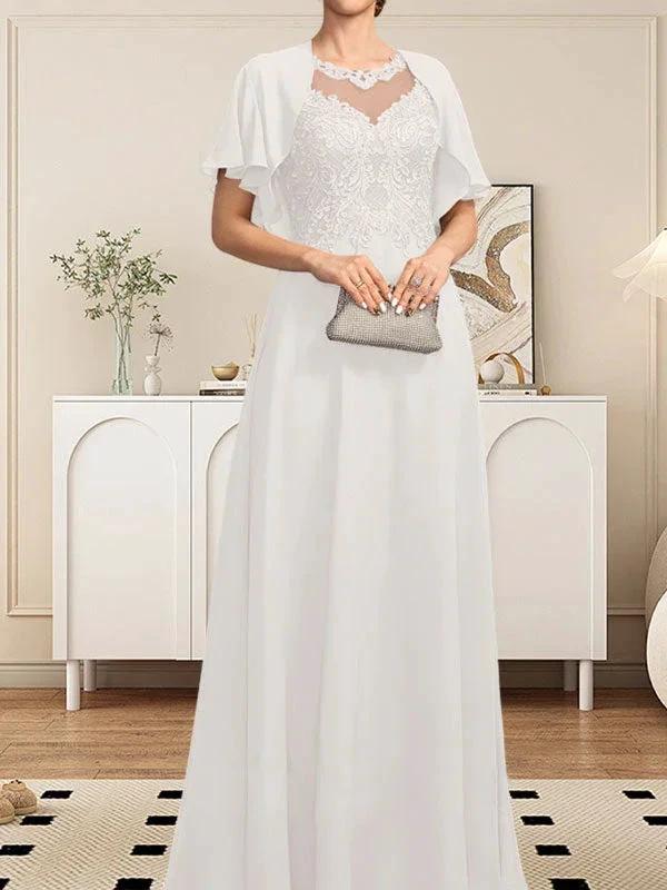 A-line Scoop Illusion Floor-Length Lace Chiffon Mother of the Bride Dress With Sequins by Dreamylily
