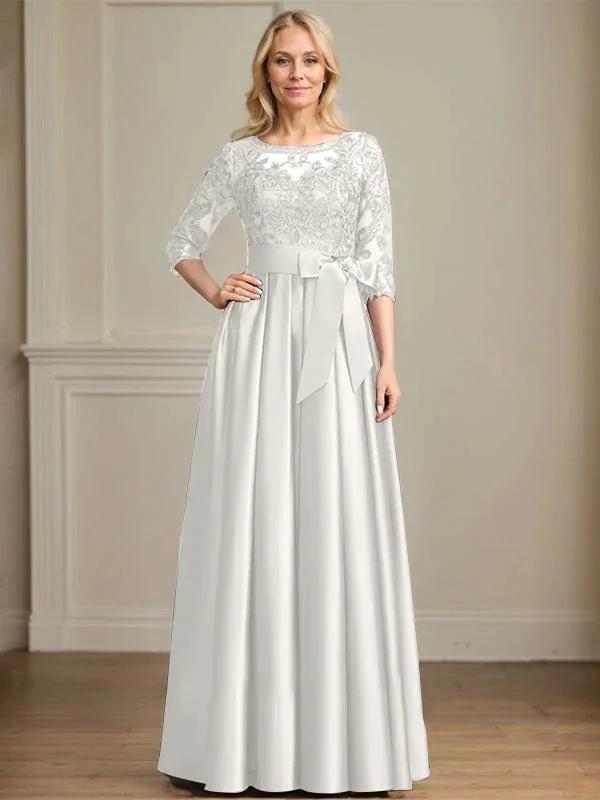 A-line Scoop Illusion Floor-Length Satin Lace Mother of the Bride Dress With Sequins Bow by Dreamylily