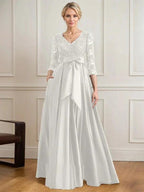 A-line V-Neck Floor-Length Satin Lace Mother of the Bride Dress With Sequins Bow by Dreamylily