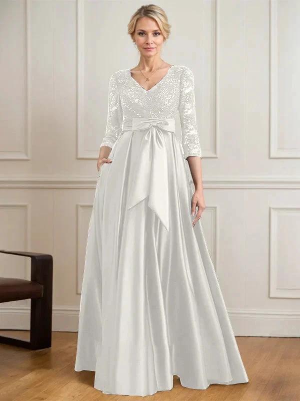 A-line V-Neck Floor-Length Satin Lace Mother of the Bride Dress With Sequins Bow by Dreamylily