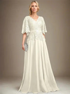 A-line V-Neck Floor-Length Chiffon Lace Mother of the Bride Dress With Crystal Brooch Rhinestone by Dreamylily