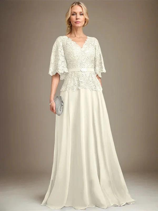 A-line V-Neck Floor-Length Chiffon Lace Mother of the Bride Dress With Crystal Brooch Rhinestone by Dreamylily