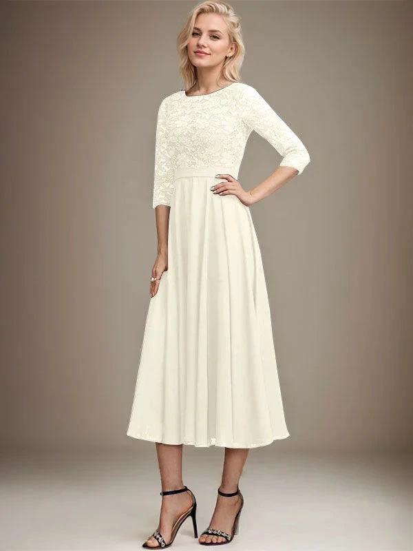 A-line Scoop Tea-Length Lace Chiffon Mother of the Bride Dress With Sequins by Dreamylily