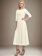 A-line Scoop Tea-Length Lace Chiffon Mother of the Bride Dress With Sequins by Dreamylily