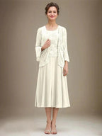 A-line Scoop Tea-Length Lace Chiffon Mother of the Bride Dress With Sequins by Dreamylily