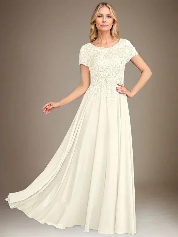 A-Line Scoop Floor-Length Chiffon Mother of the Bride Dress With Applique & Sequins by Dreamylily
