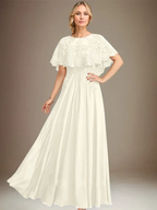 A-line Boat Neck Floor-Length Lace Chiffon Mother of the Bride Dress With Applique Sequins by Dreamylily