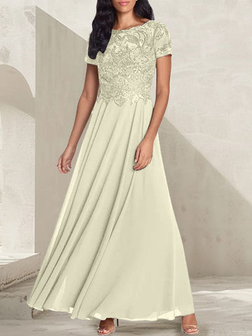Vestido largo de madre de la novia con escote redondo, corte A, color gris carbón y cuentas