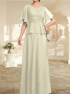 A-line V-Neck Floor-Length Chiffon Mother of the Bride Dress With Pleated Beading by Dreamylily