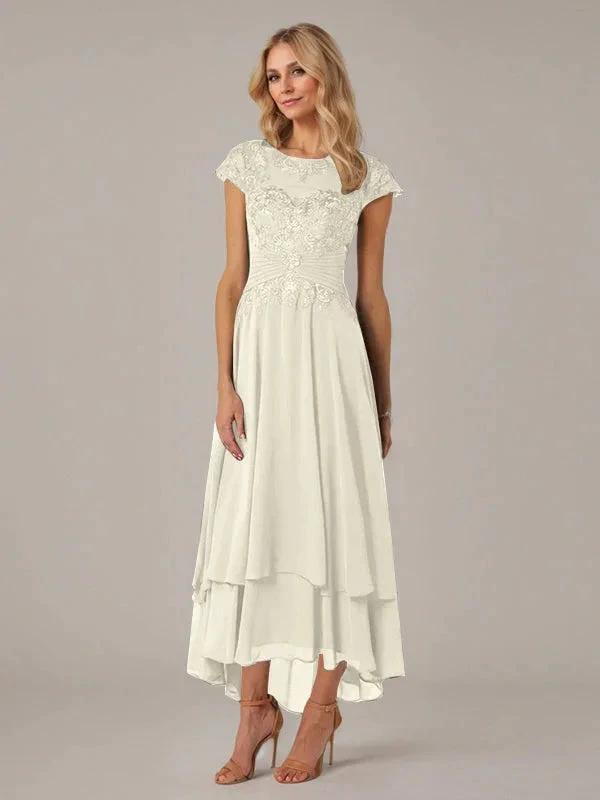 A-line Boat Neck Illusion Asymmetrical Chiffon Lace Mother of the Bride Dress With Applique Pleats by Dreamylily