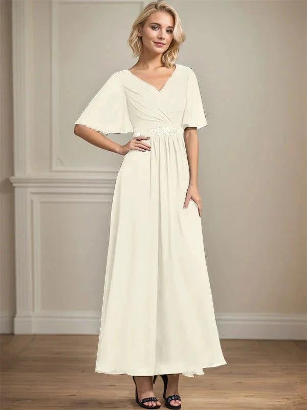 A-line V-Neck Ankle-Length Chiffon Mother of the Bride Dress With Pleated Beading Sequins by Dreamylily