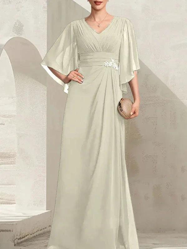 Sheath/Column V-Neck Floor-Length Chiffon Mother of the Bride Dress With Pleated Sequins Beading by Dreamylily