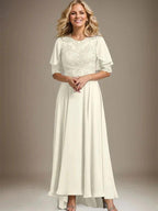 A-line Scoop Illusion Asymmetrical Chiffon Lace Mother of the Bride Dress With Beading by Dreamylily