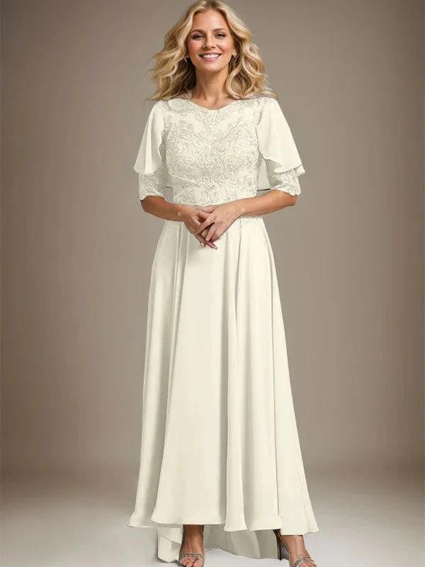 A-line Scoop Illusion Asymmetrical Chiffon Lace Mother of the Bride Dress With Beading by Dreamylily