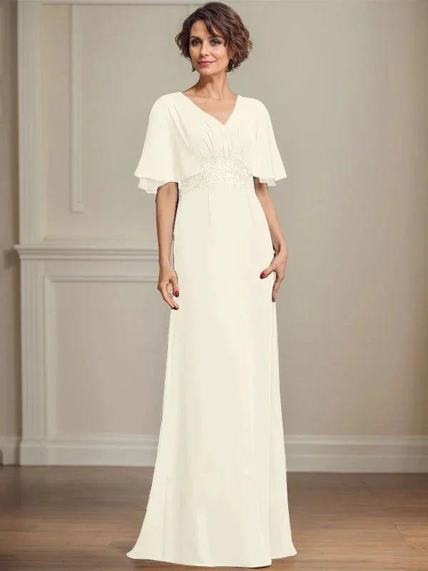 A-line V-Neck Floor-Length Chiffon Mother of the Bride Dress With Pleated Sequins Appliques Lace by Dreamylily