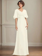 A-line V-Neck Floor-Length Chiffon Mother of the Bride Dress With Pleated Sequins Appliques Lace by Dreamylily