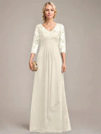 A-line V-Neck Floor-Length Lace Chiffon Mother of the Bride Dress With Cascading Ruffles Sequins by Dreamylily