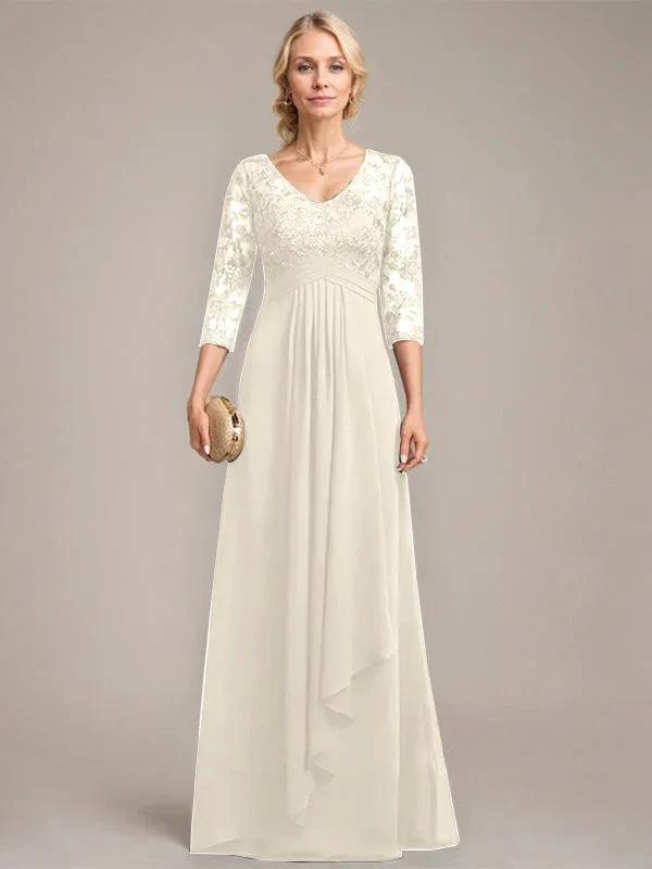 A-line V-Neck Floor-Length Lace Chiffon Mother of the Bride Dress With Cascading Ruffles Sequins by Dreamylily