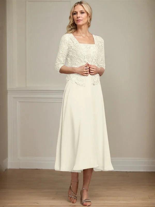 A-line Square Tea-Length Chiffon Lace Mother of the Bride Dress With Sequins Beading by Dreamylily