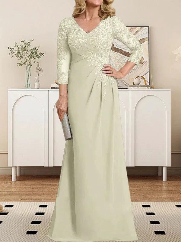 Sheath/Column V-Neck Illusion Floor-Length Lace Chiffon Mother of the Bride Dress With Pleated Sequins by Dreamylily