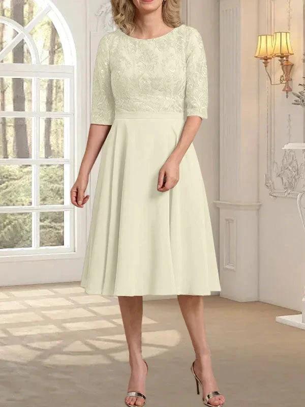 A-line Scoop Knee-Length Lace Chiffon Mother of the Bride Dress by Dreamylily