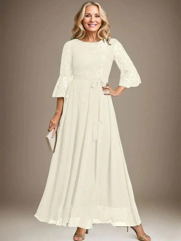 A-line Scoop Ankle-Length Lace Chiffon Mother of the Bride Dress With Bow by Dreamylily