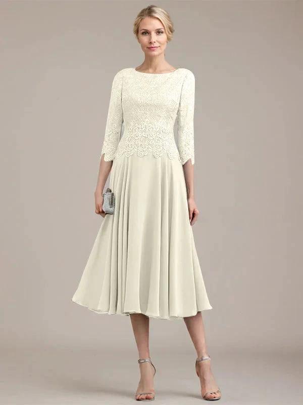 A-line Scoop Tea-Length Lace Chiffon Mother of the Bride Dress by Dreamylily