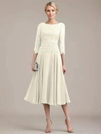 A-line Scoop Tea-Length Lace Chiffon Mother of the Bride Dress by Dreamylily