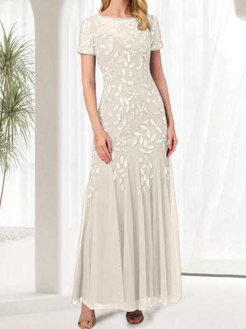Vestido largo de sirena azul con cuello redondo para madre de la novia con cuentas
