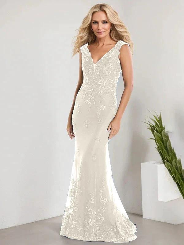 A-line V-Neck Floor-Length Lace Chiffon Mother of the Bride Dress With Applique Sequins Mermaid Dresses by Dreamylily