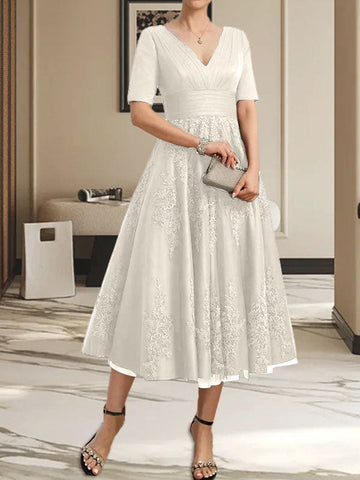 A-line V-Neck Tea-Length Tulle Lace Mother of the Bride Dress With Pleated