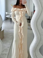 Classy Off The Shoulder Ruffles Cream Long Prom Dress Slit Party Evening Dress Y7975 by simplepromdress