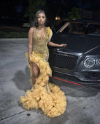 Luxury Gold Beaded Prom Dress for Black Girls Crystal Mermaid Formal Evening Dress Side Slit Evening Dress Y6624 by simplepromdress