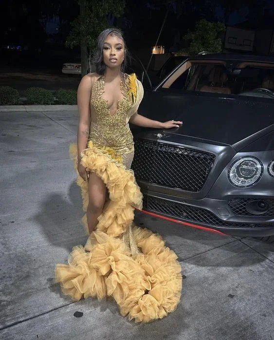Luxury Gold Beaded Prom Dress for Black Girls Crystal Mermaid Formal Evening Dress Side Slit Evening Dress Y6624 by simplepromdress