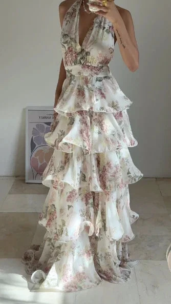 Glamorous Chiffon Print Floral A Line Backless Prom Dress V Neck Halter Layered Evening Dress Y8501 by simplepromdress