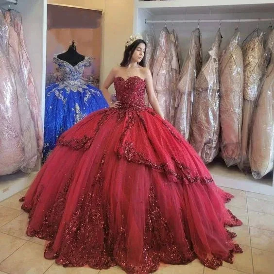 Red New Quinceanera Dresses Sequin Beading Appliques Sweetheart Formal Party Princess Ball Gowns Vestidos Y4257 by simplepromdress
