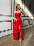 Red Strapless Long Prom Dress with Ruffles,Red Evening Dress Y2367 by simplepromdress